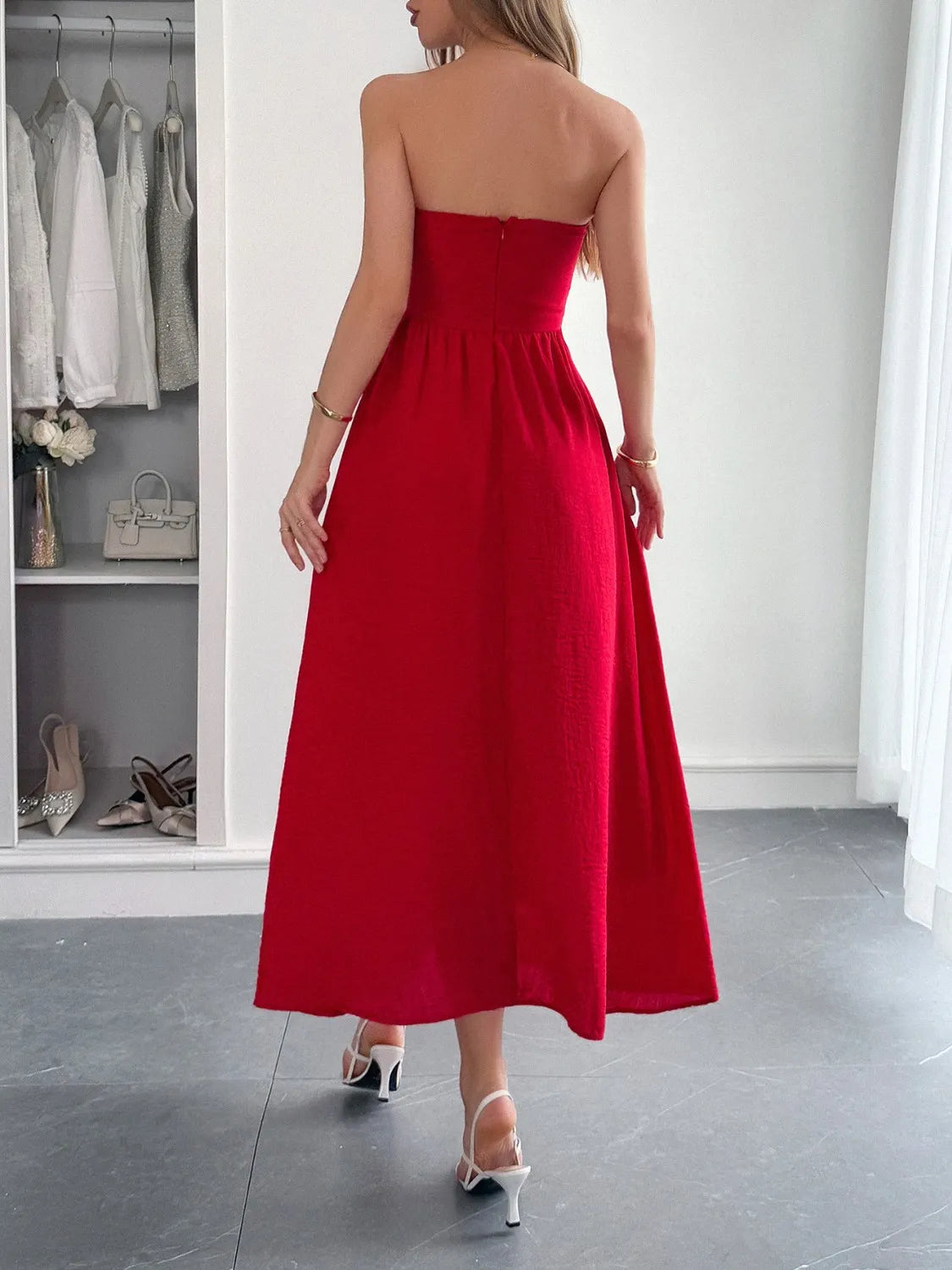 Strapless A-Line Midi Dress with Pockets