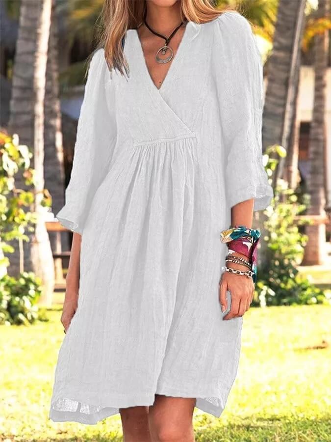 Women's Cotton and Linen Half Sleeve V-neck Loose Casual Pocket Dress
