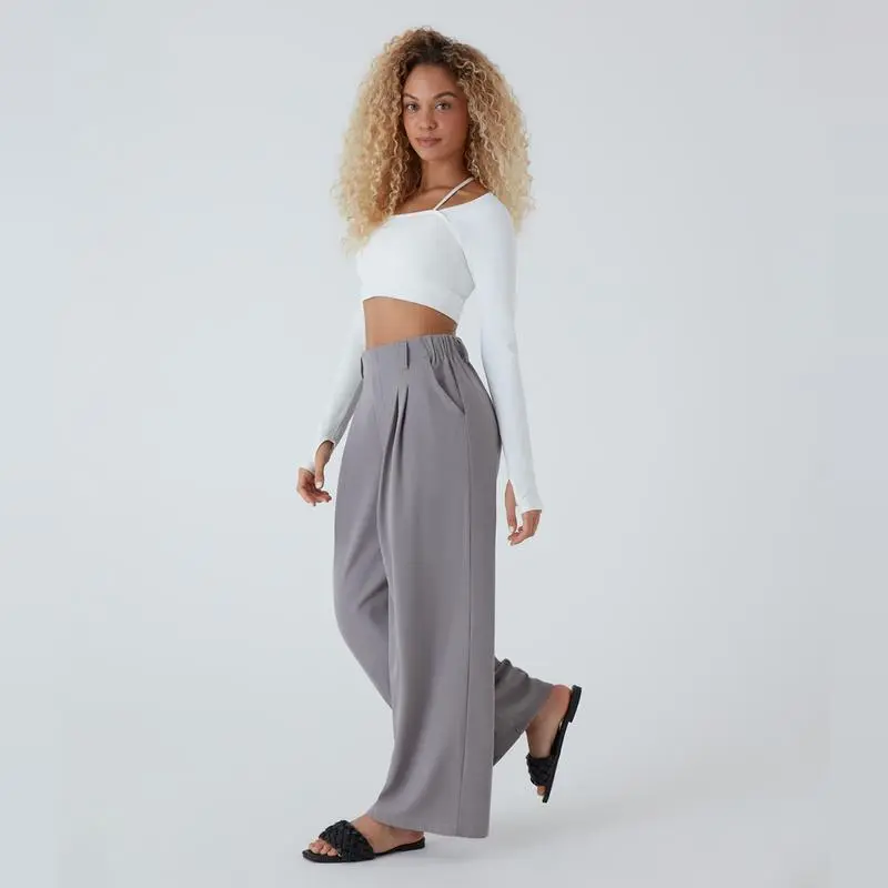 High Waisted Plicated Side Pocket Wide Waffle Work Pants