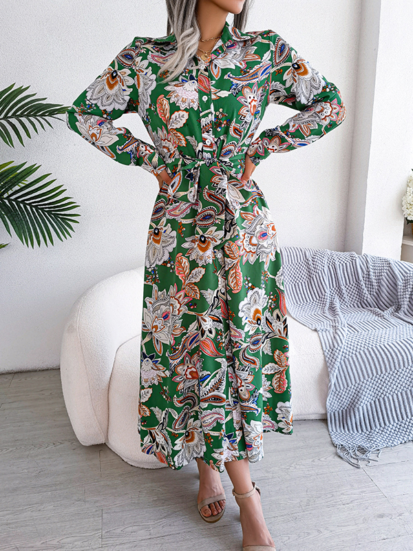 Buttoned Flower Print Tied Waist Long Sleeves Lapel Maxi Dresses