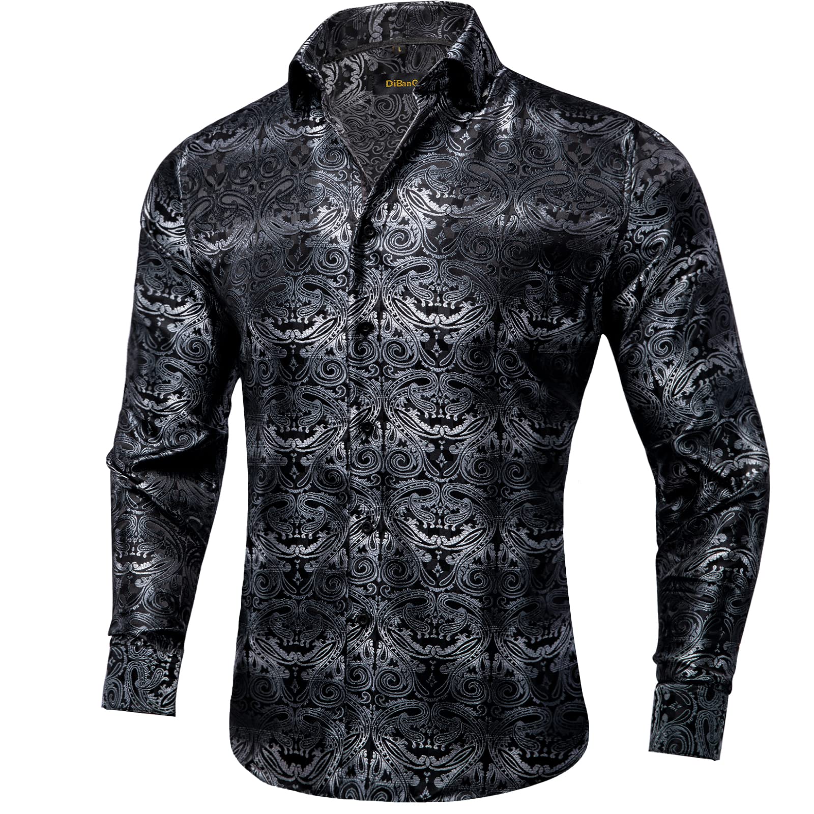 Men's Paisley Dress Shirt Long Sleeve Wrinkle Free Button Down Cowboy Shirts - Black&silver&paisley