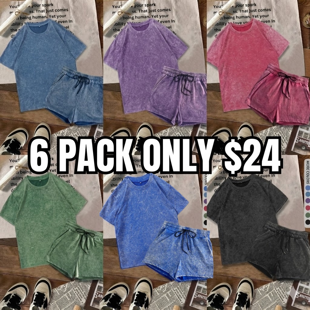 Two-piece Set Women's Solid Color Denim-effect Print Tee & Shorts