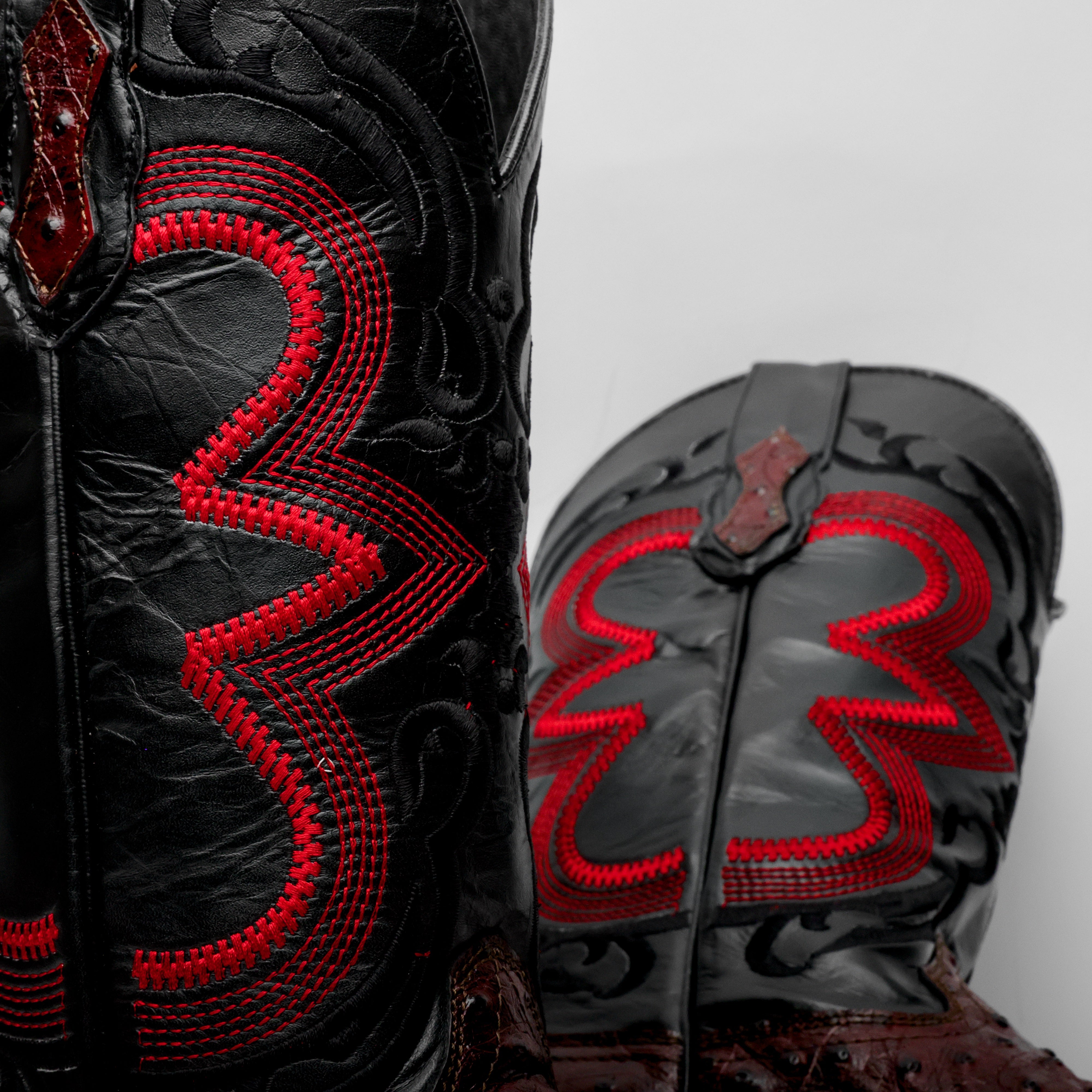 Black Cherry Ostrich Leather Boots - Square Toe