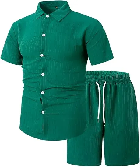 Men'S Solid Textured Short Sleeve Button Front Shirt & Pocket Drawstring Waist Shorts Two-Piece Set, Casual Summer Outfits Clothes Set For Men, Sets For Men Clothing, Menswear,  Summer Outfits Set