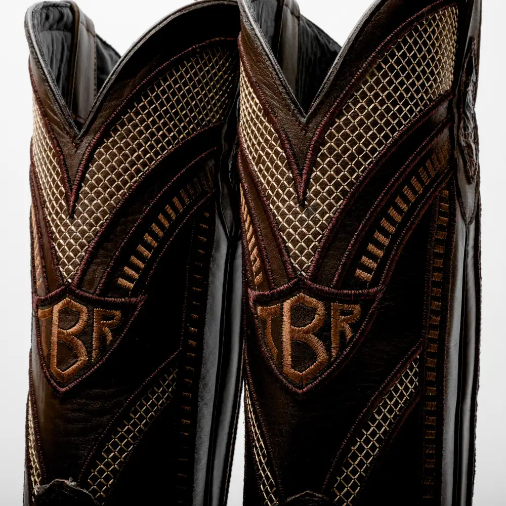 Brown Caiman Neck Leather Boots - Square Toe