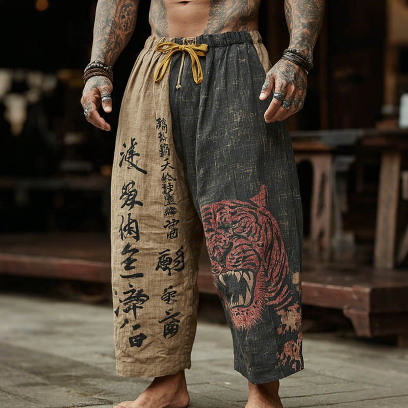 Men's Japanese Tiger Art Contrast Color Linen Pants