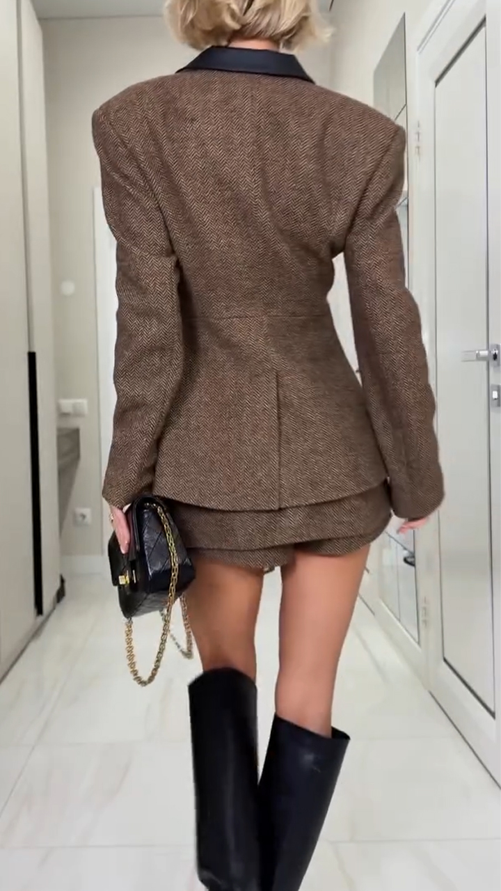 Women Collar Jacket+ Patchwork Half Skirt Temperament Commuting Set