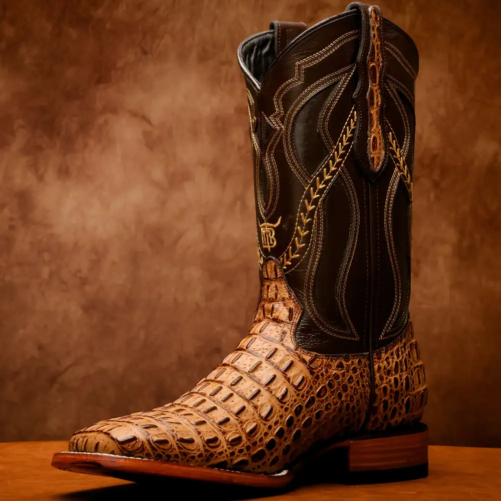 Honey Caiman Hornback Leather Boots - Square Toe