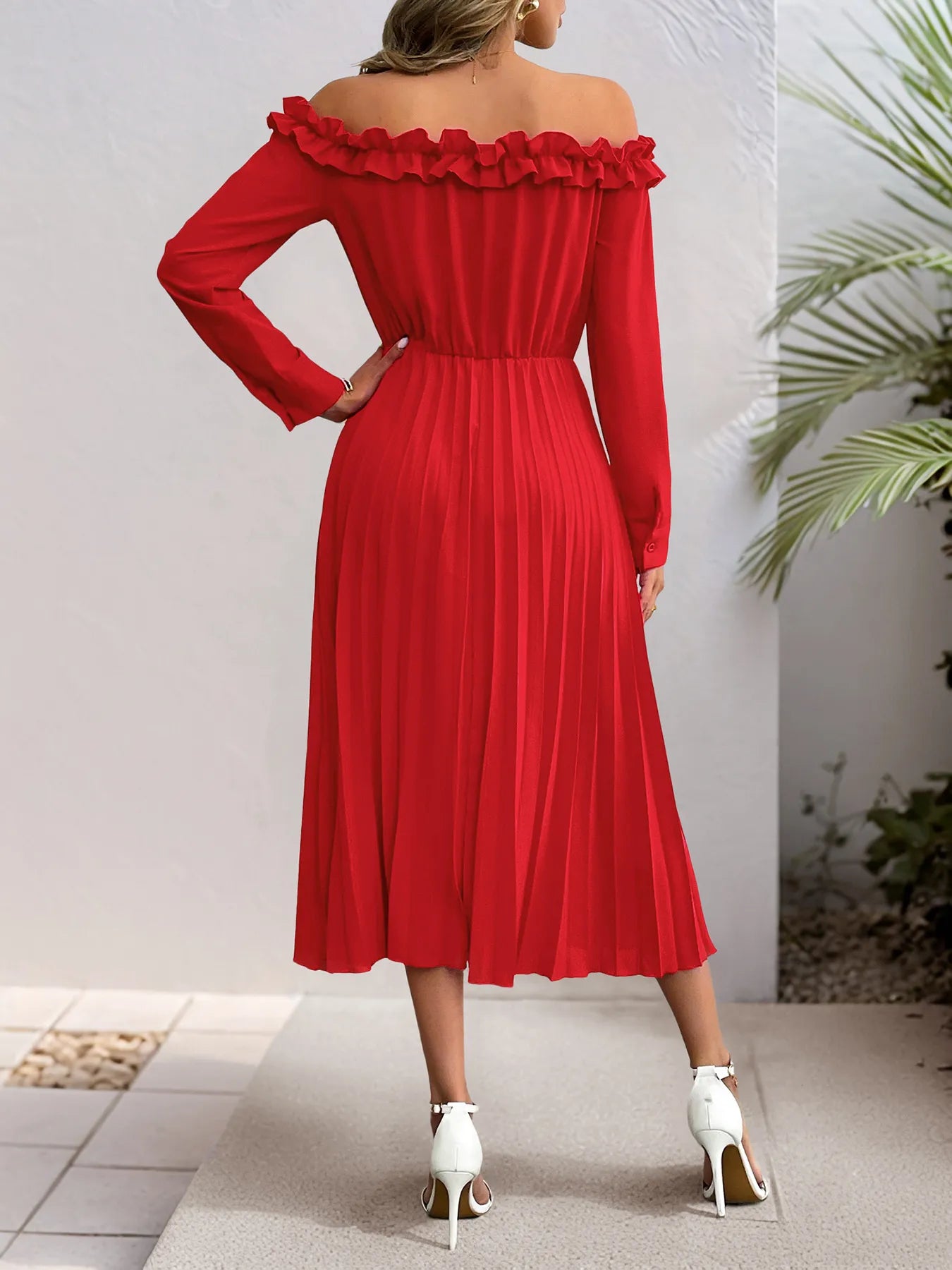 Off-Shoulder Ruffle Pleated Midi Dress