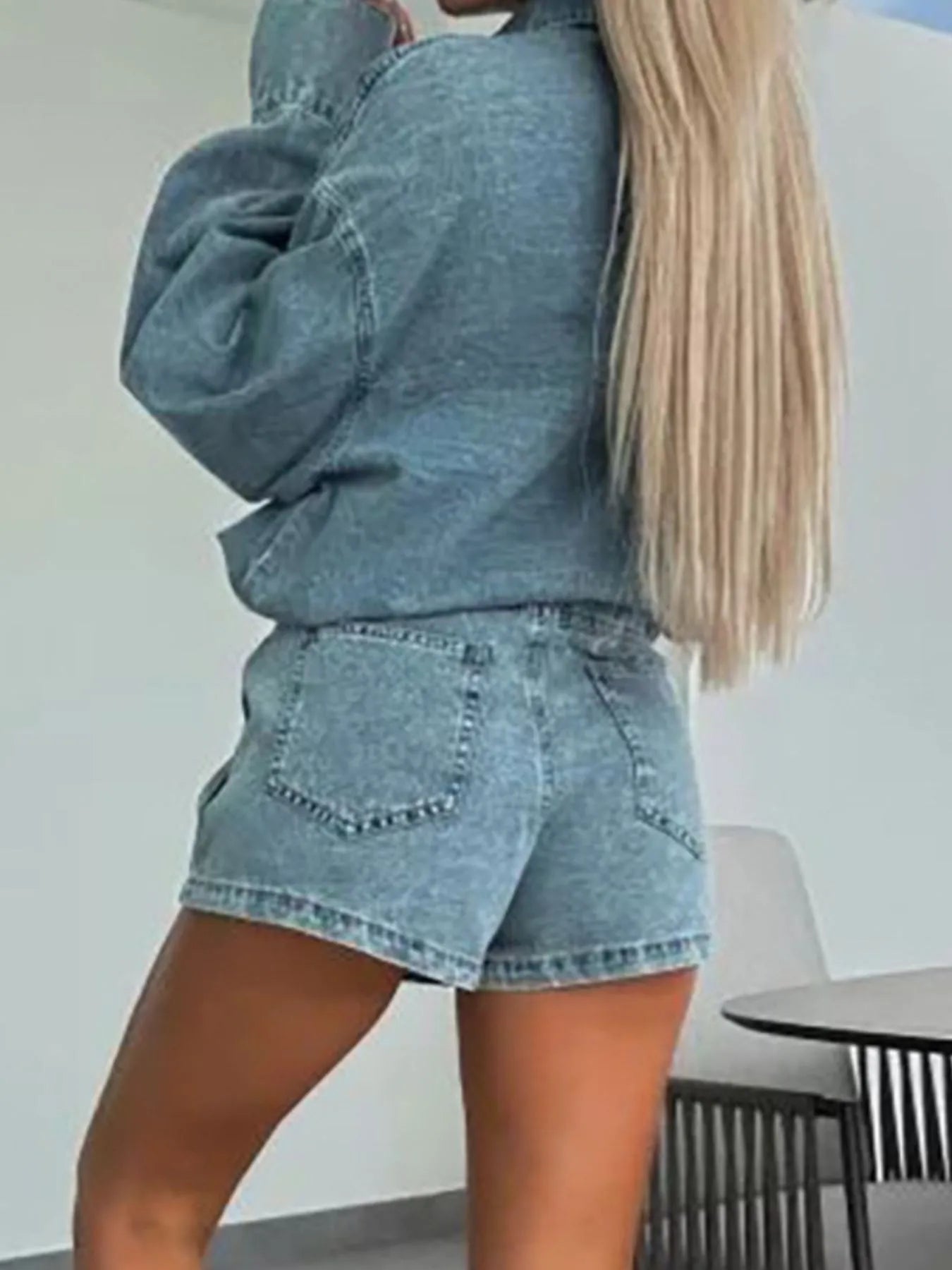 Button-Front Shirt and Mini Skirt Oversized Denim Set