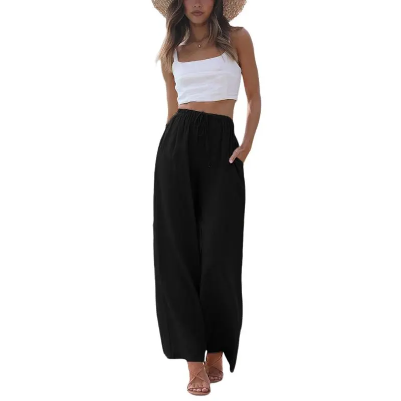 Women's Cotton Linen Summer Palazzo Pants Flowy Wide Leg Beach Trousers with Pockets Casual Womenswear