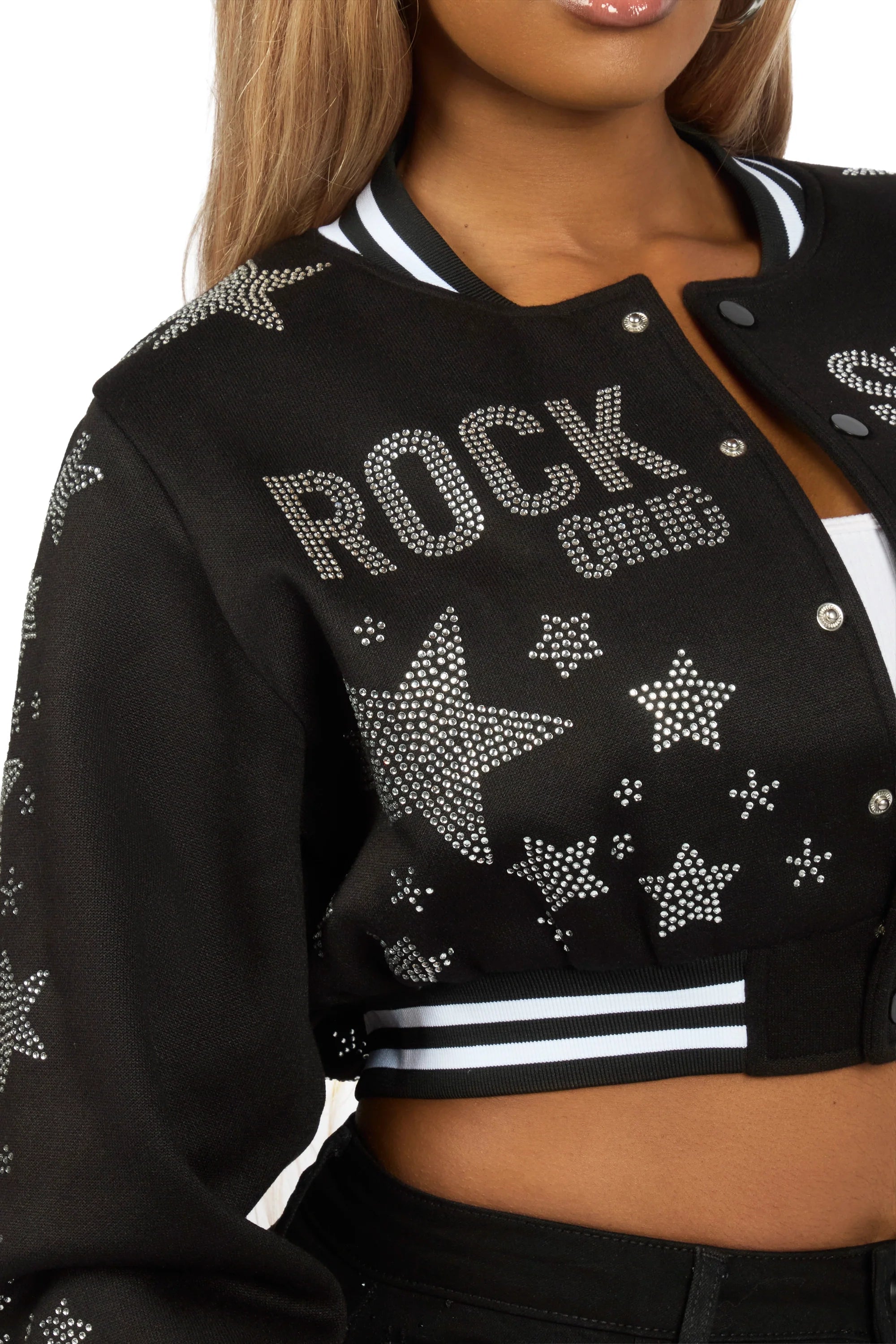 Shanda Black Crop Rhinestone Varsity Jacket