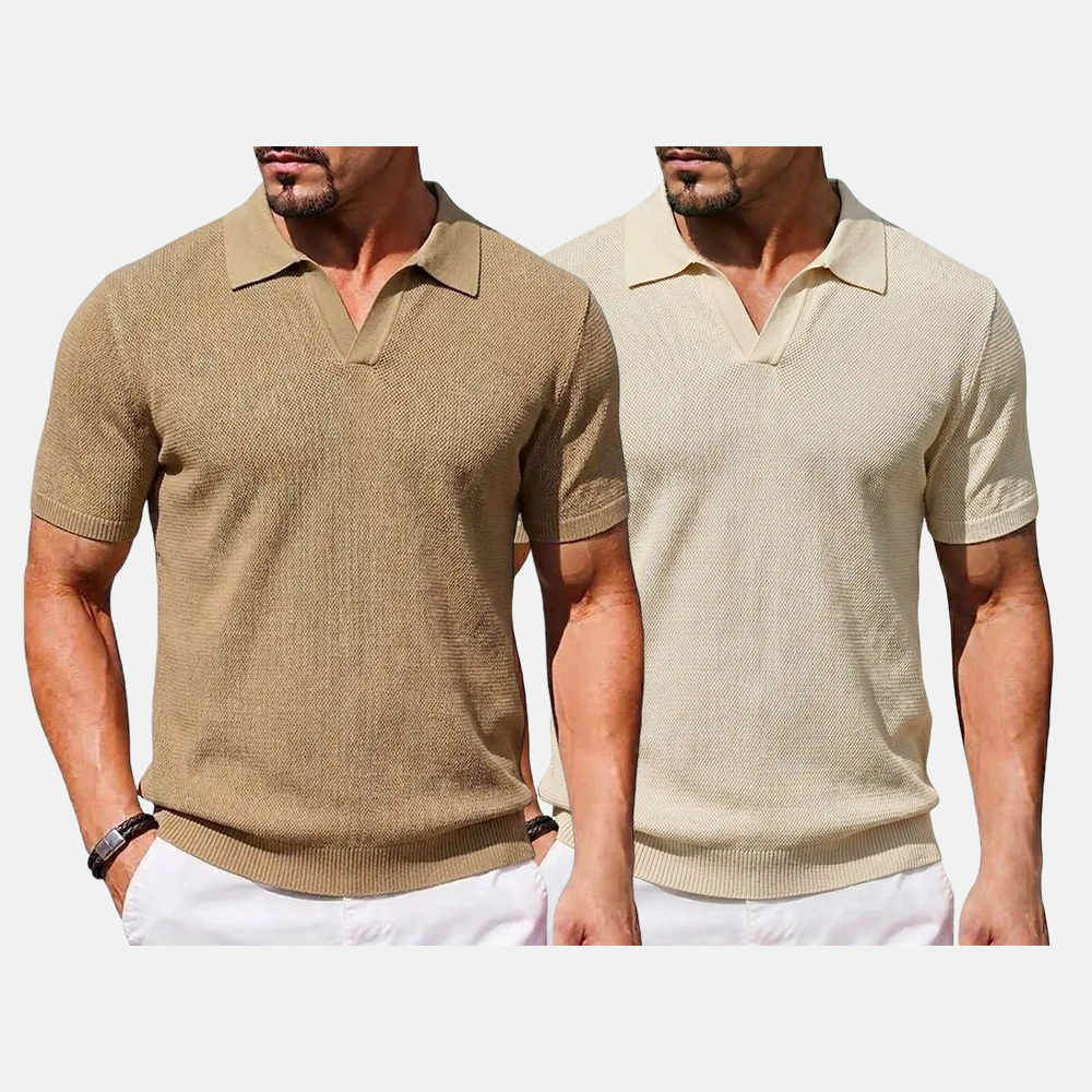 2026 Men's V Neck Short Sleeve Stretch Knit Polo Shirt