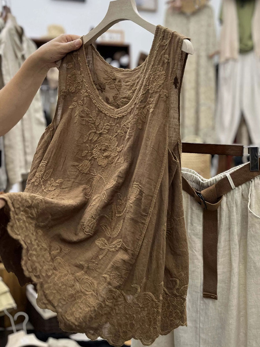 Women's  Vintage Lace Sleeveless Cotton and Linen Vest Top