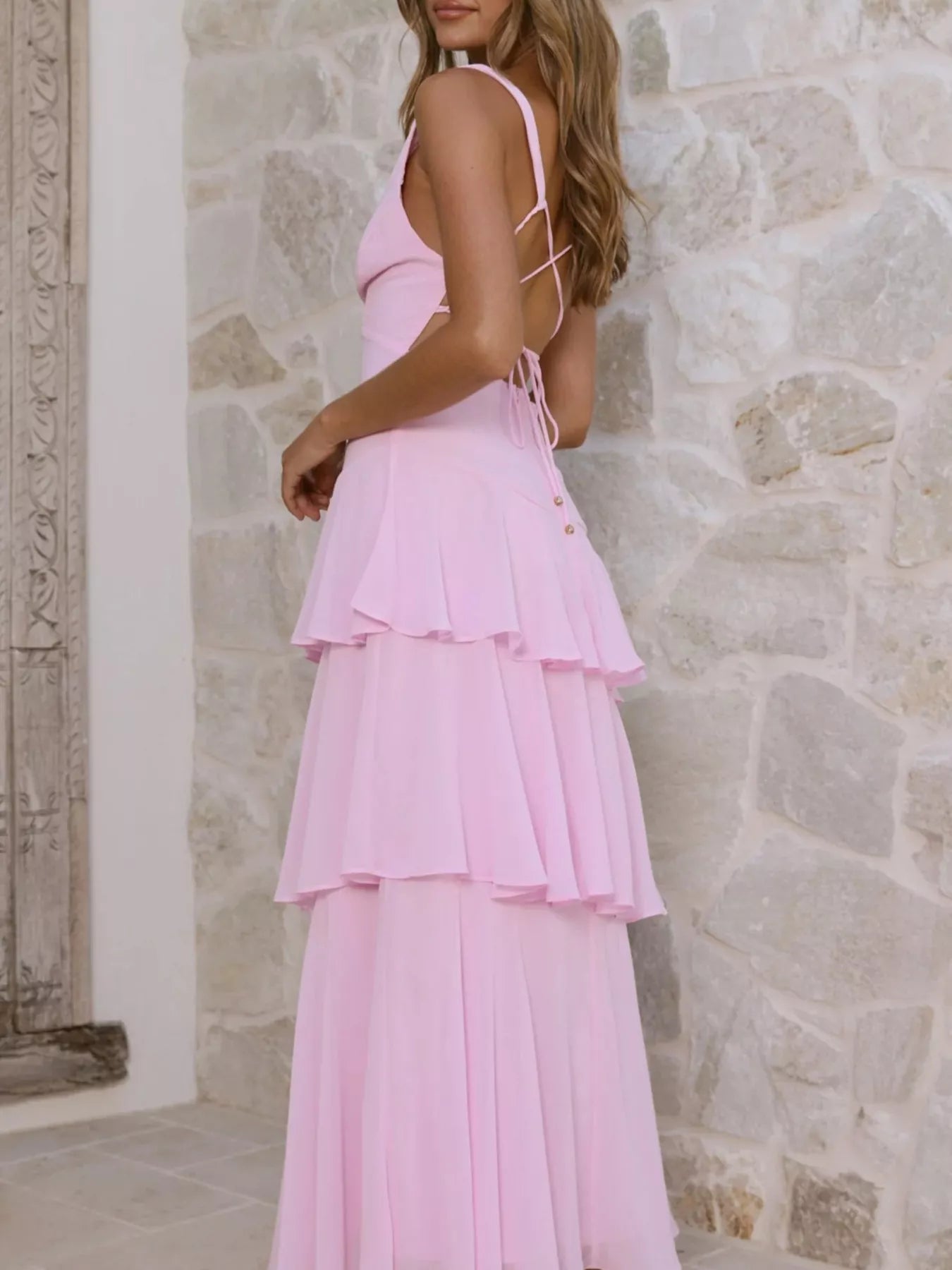 Sleeveless Ruffled Layered Backless Maxi Dress