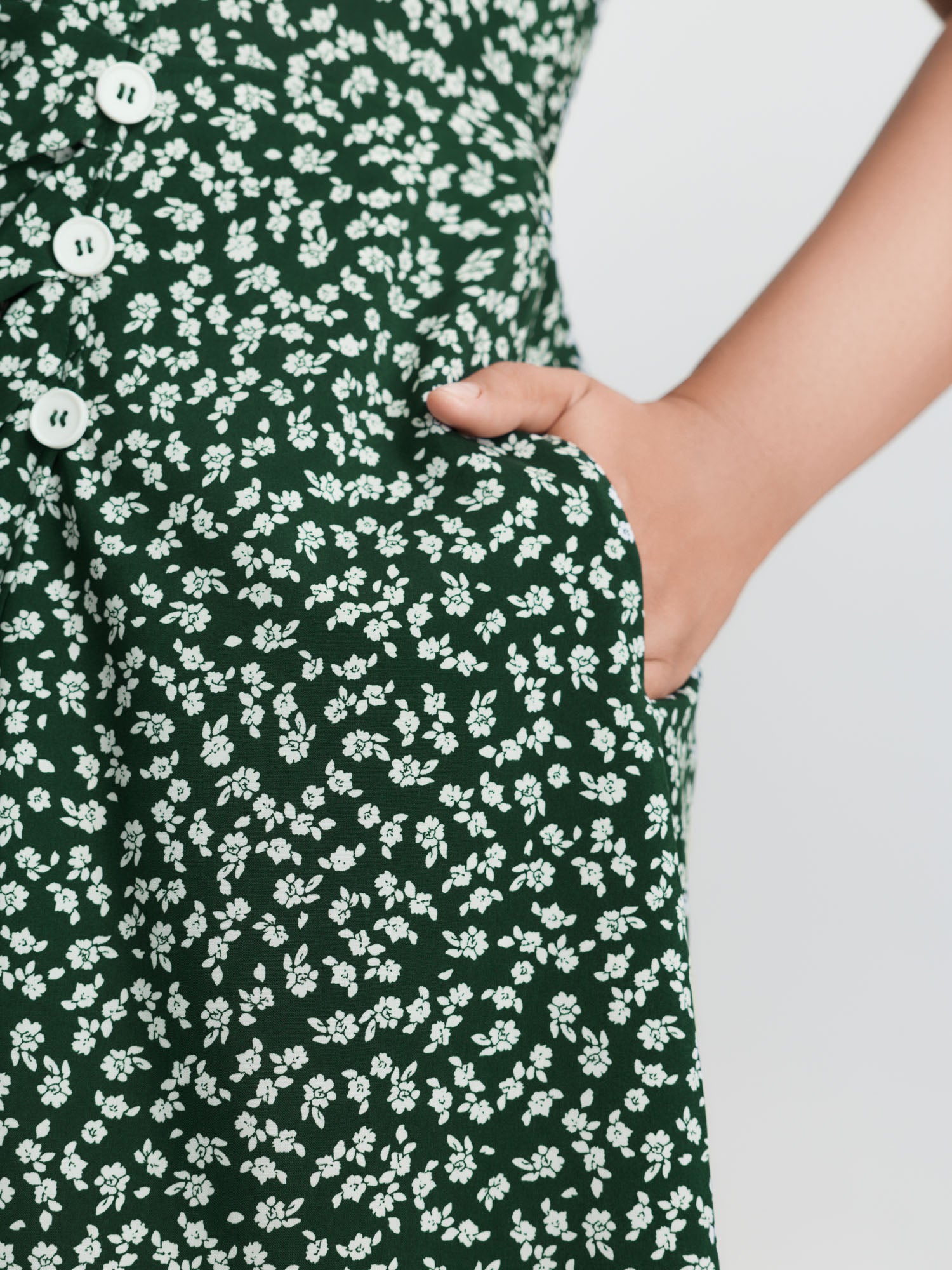 Micro Floral Print Ruched Button Detail Midi Dress