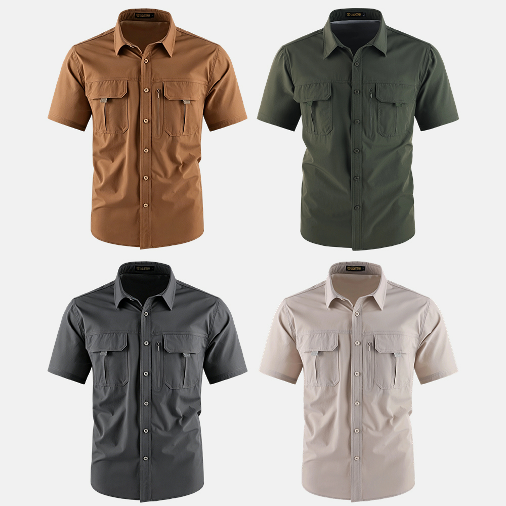 Men's American-Style Solid Color Shirt with Hidden Ventilation Holes Casual Summer Beach Nylon Shirt High-Quality Fabric Short Sleeves Button Closures