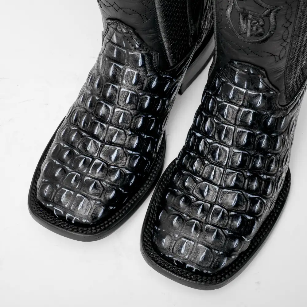 Black/Grey Caiman Hornback Leather Boots - Square Toe
