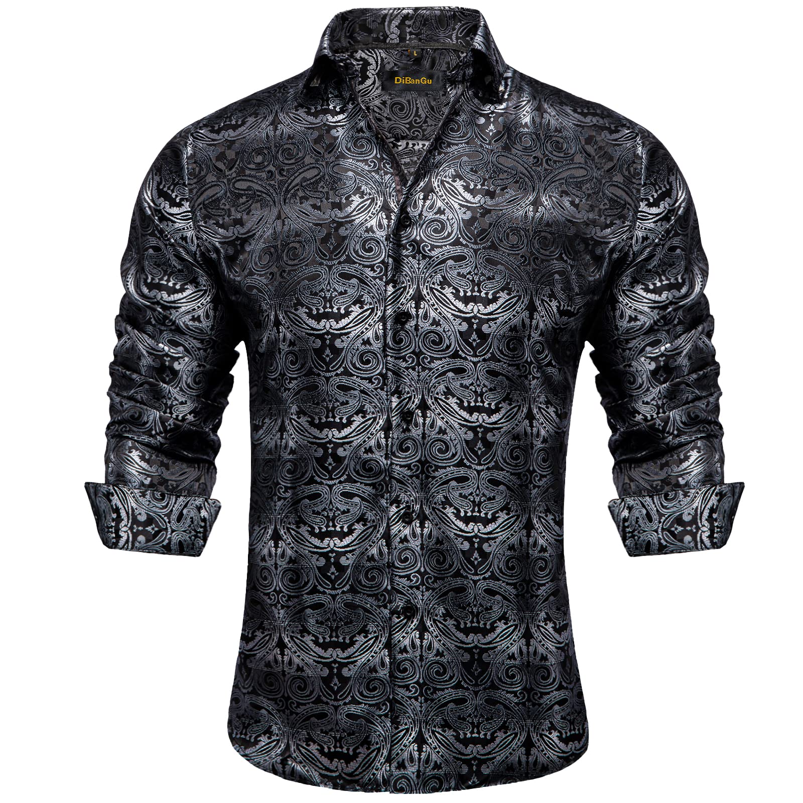 Men's Paisley Dress Shirt Long Sleeve Wrinkle Free Button Down Cowboy Shirts - Black&silver&paisley