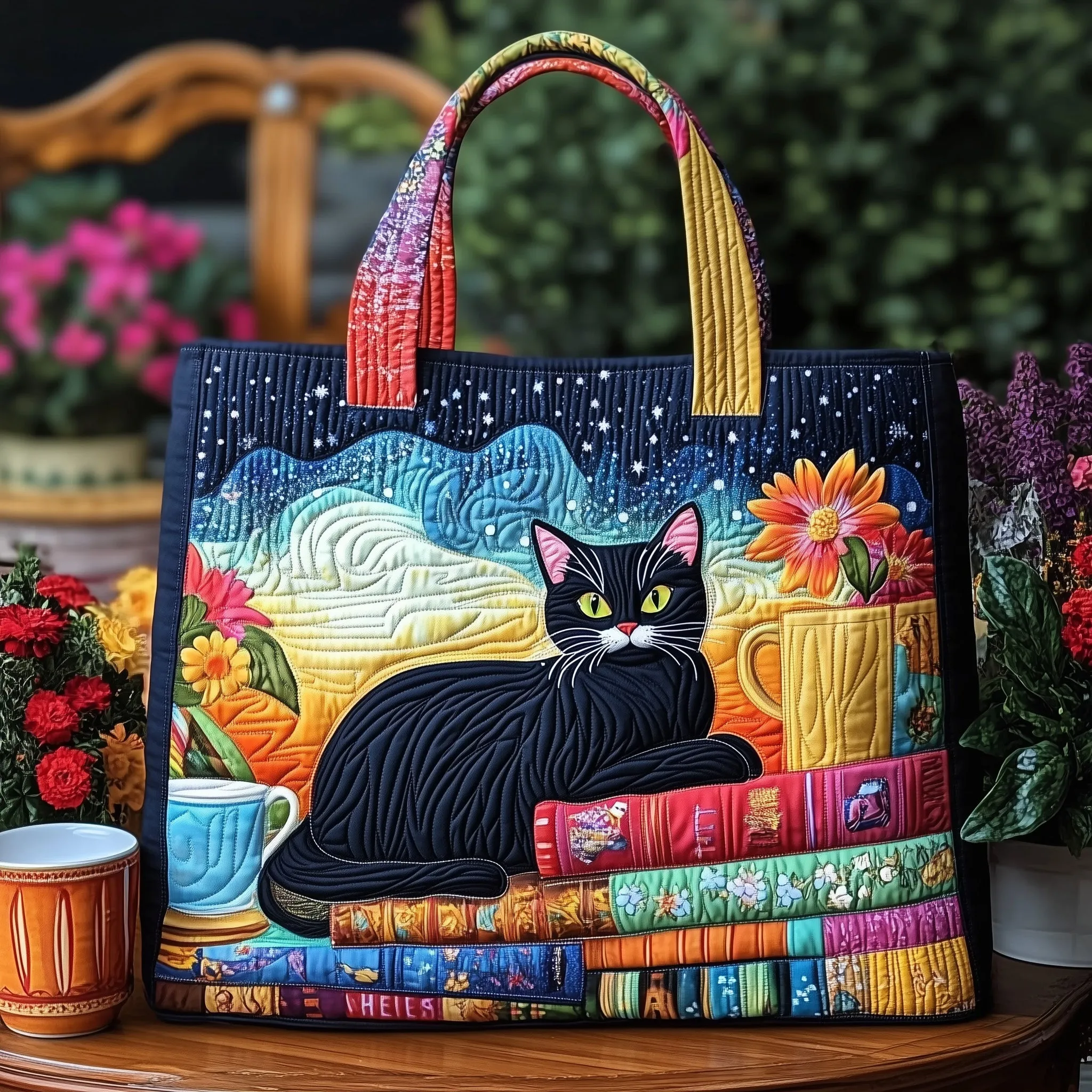 Whimsical Quilted Cat Tote Bag – Colorful Artistic Handcrafted Style for Cat Lovers 🐱🎨