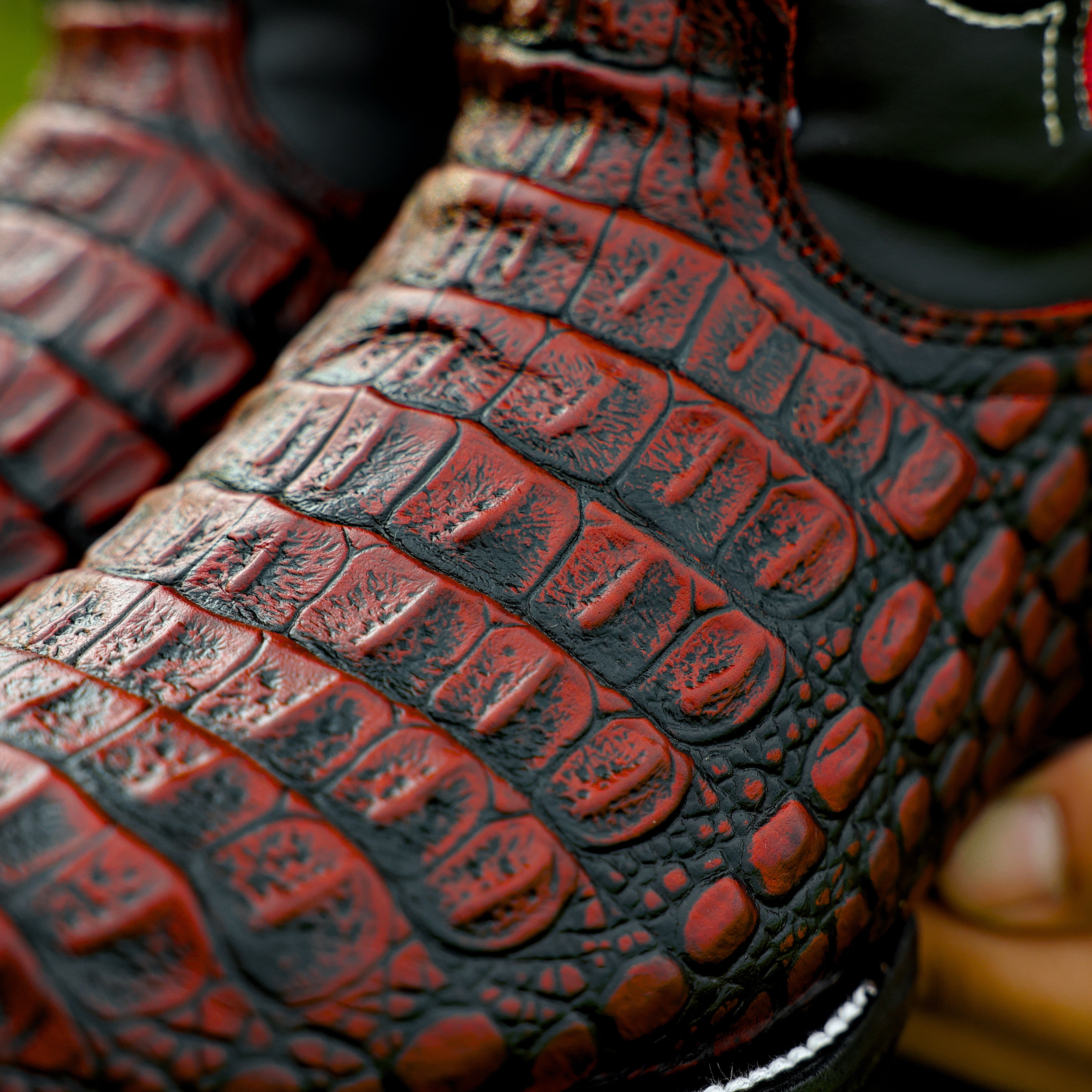 Black Cherry Caiman Hornback Leather Boots - Round Toe