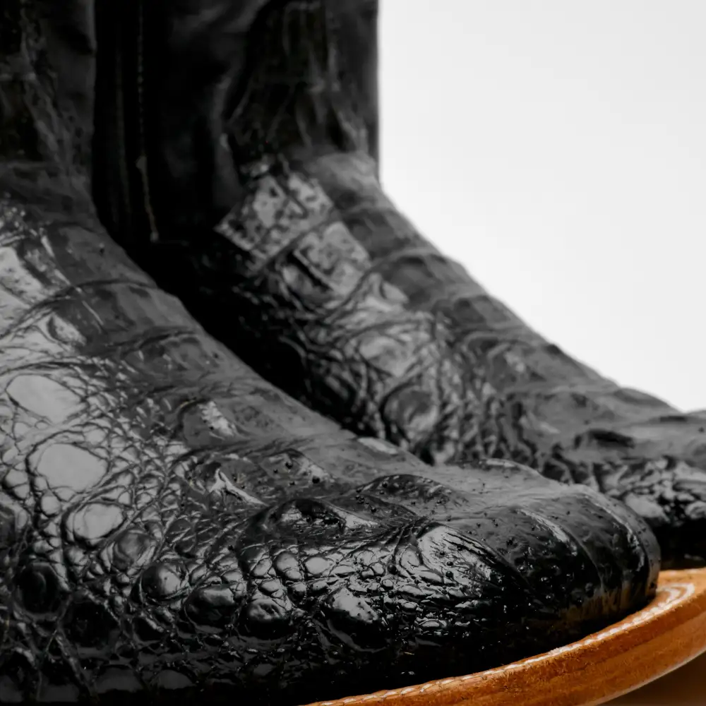Black Caiman Neck Leather Boots - Square Toe