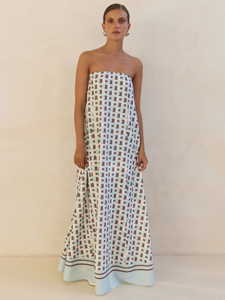 Strapless Off-shoulder Brown Checkered Print Floor Length Dress