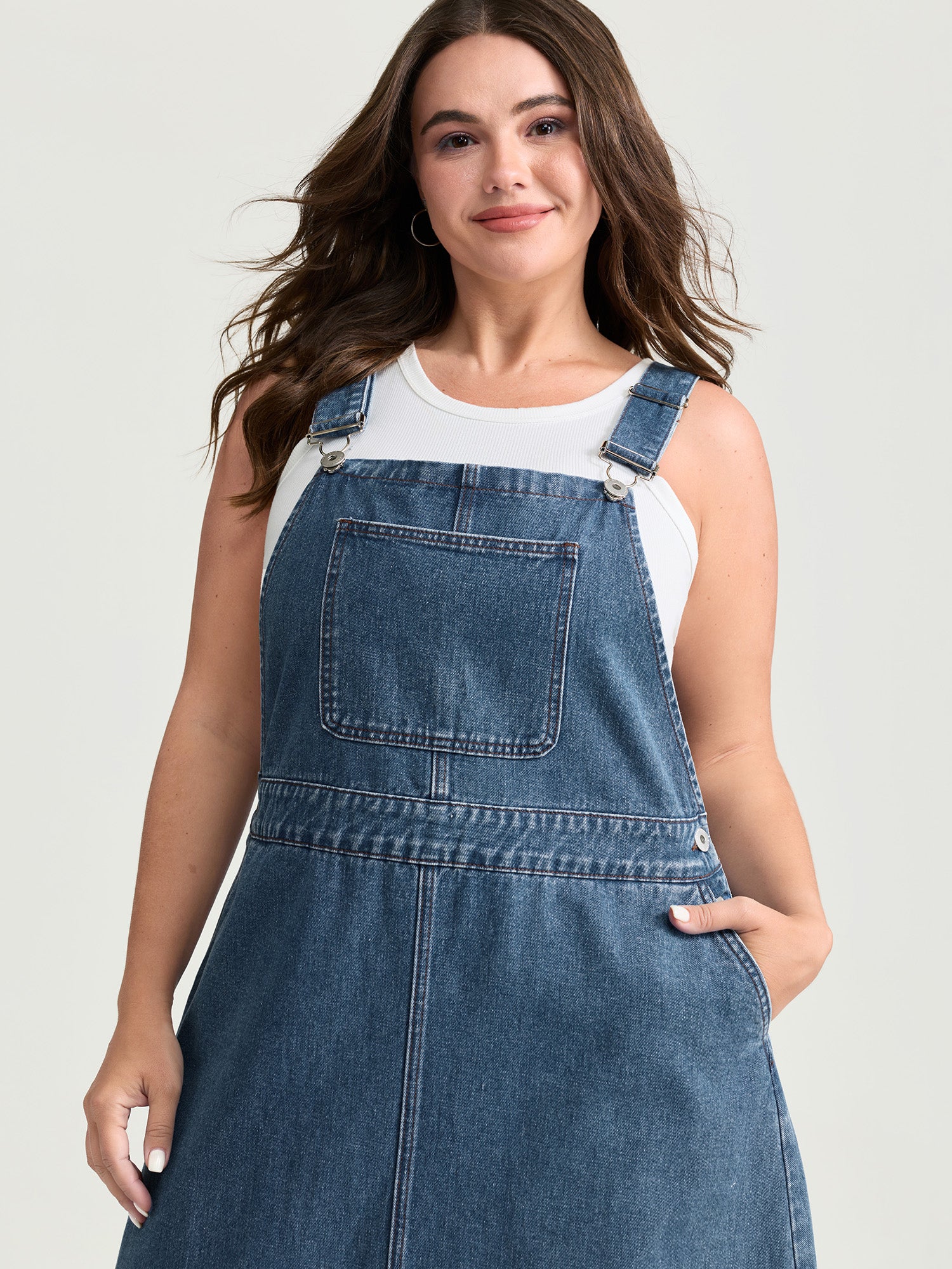 Cotton Adjustable Back Slit Overall Midi Denim Dress