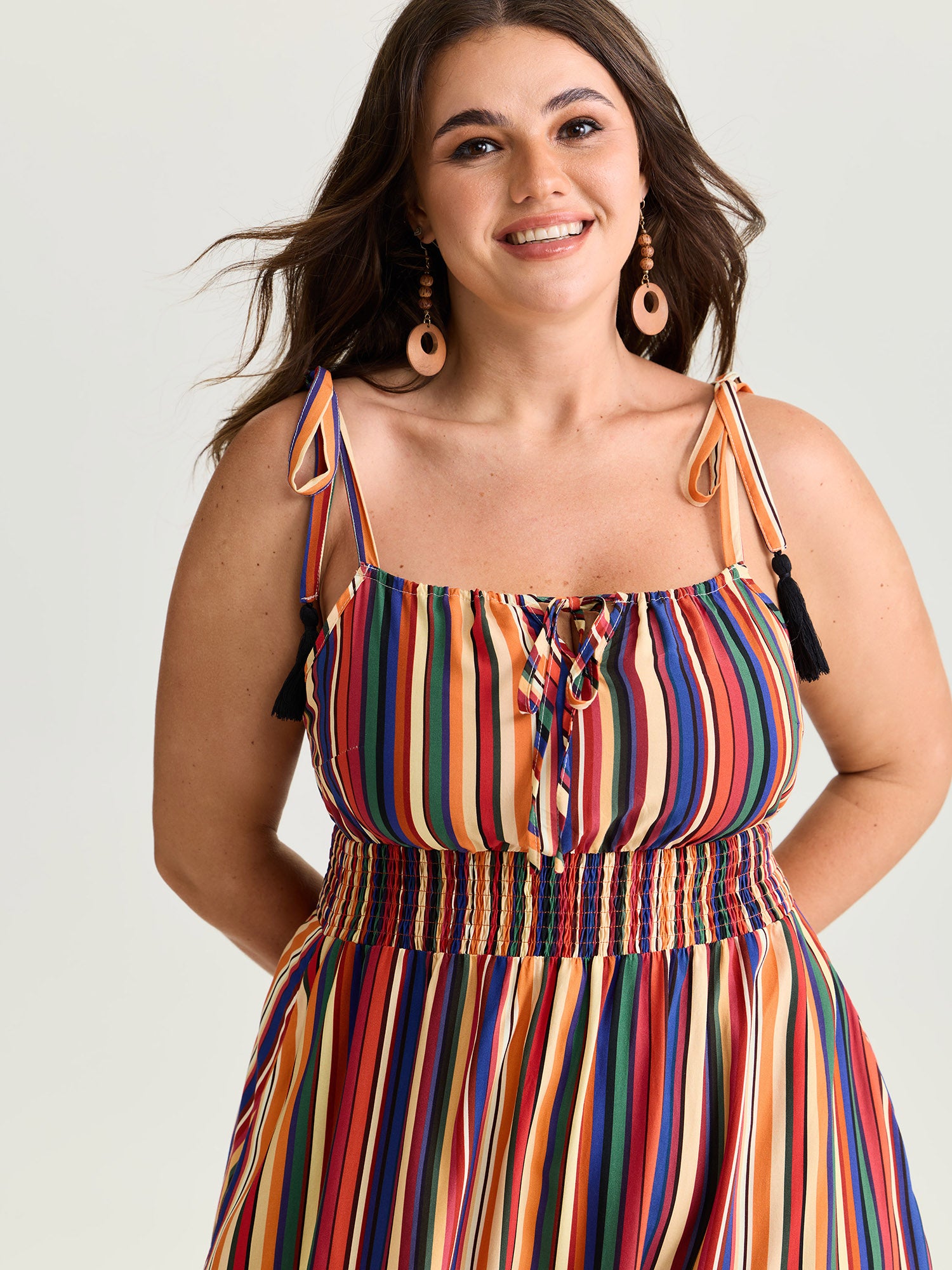 Colorful Stripe Shirred Waist Shoulder Tie Maxi Dress