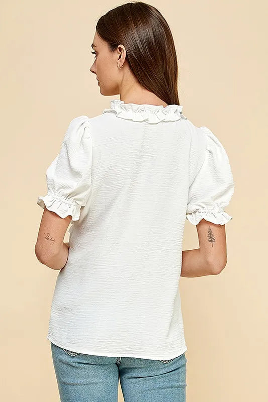 Solid Ruffled Deep V-Neck Puff Sleeve Babydoll Top