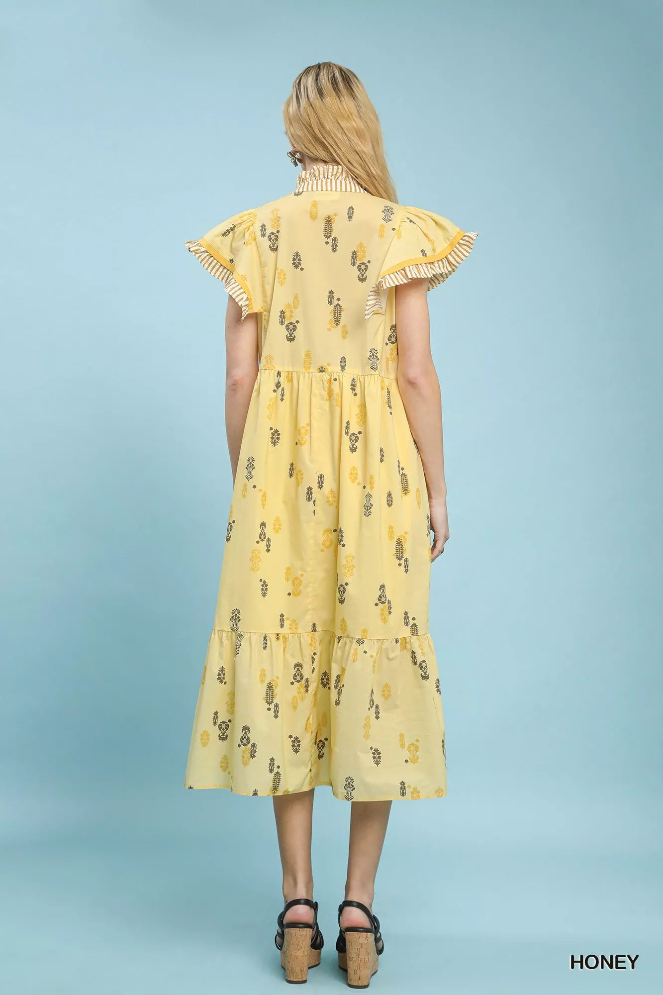 Umgee Floral Ruffle Sleeve Tiered Midi Dress