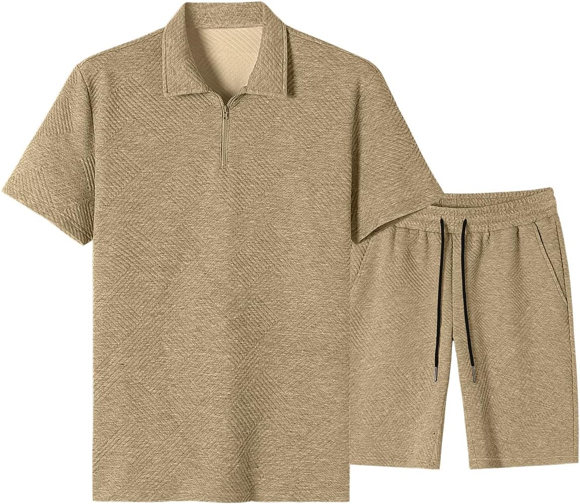 Men's Tracksuits 2 Piece Outfits Casual Sweatsuit Textured 1/4 Zip Short Sleeve Golf Polo Shirt and Short Sets