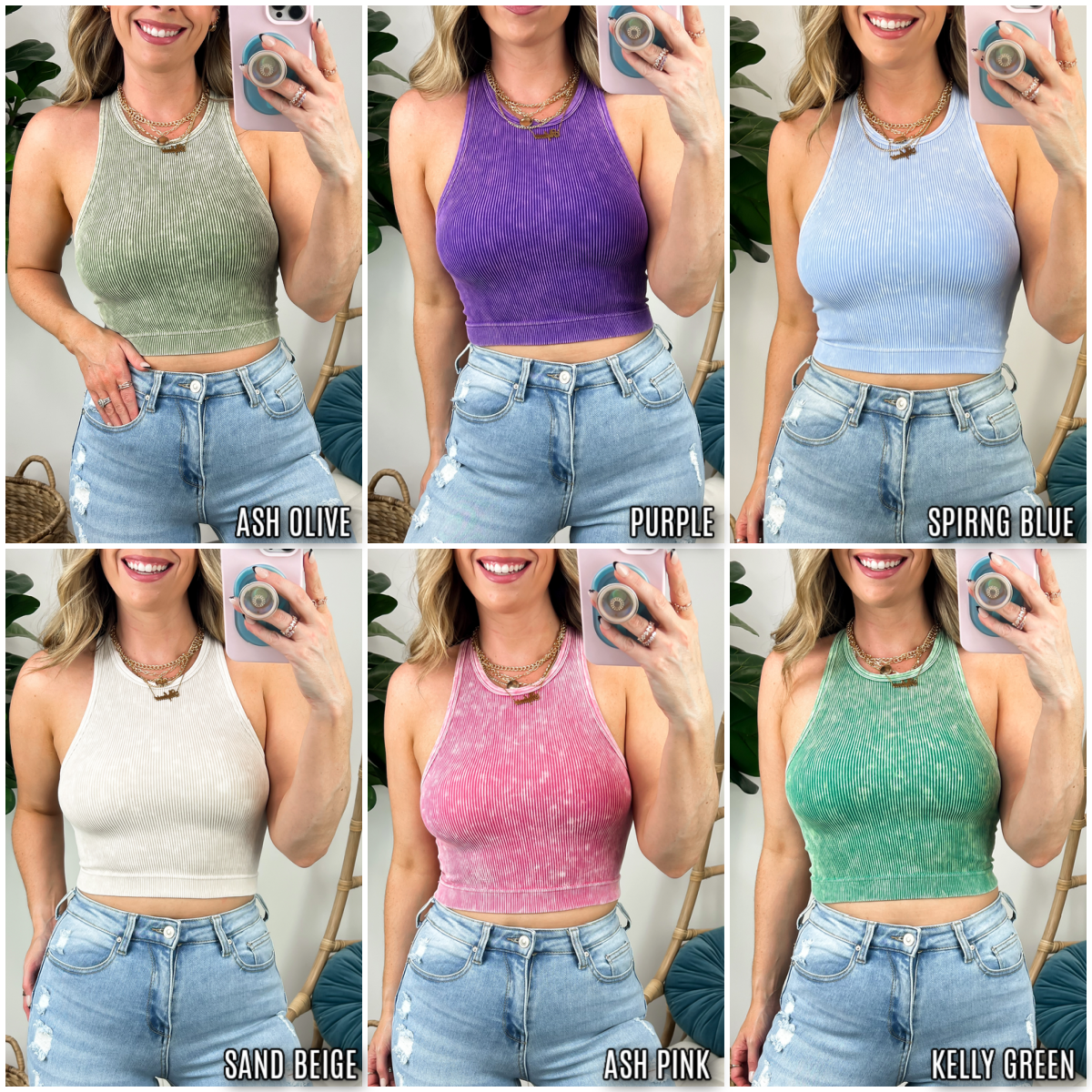 Washed Ribbed High Neck Cropped Tank Top