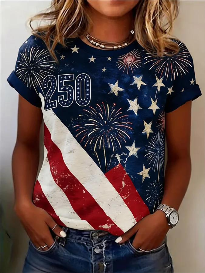 Women's American Flag Round Neck Printed Casual Short Sleeve T-shirt