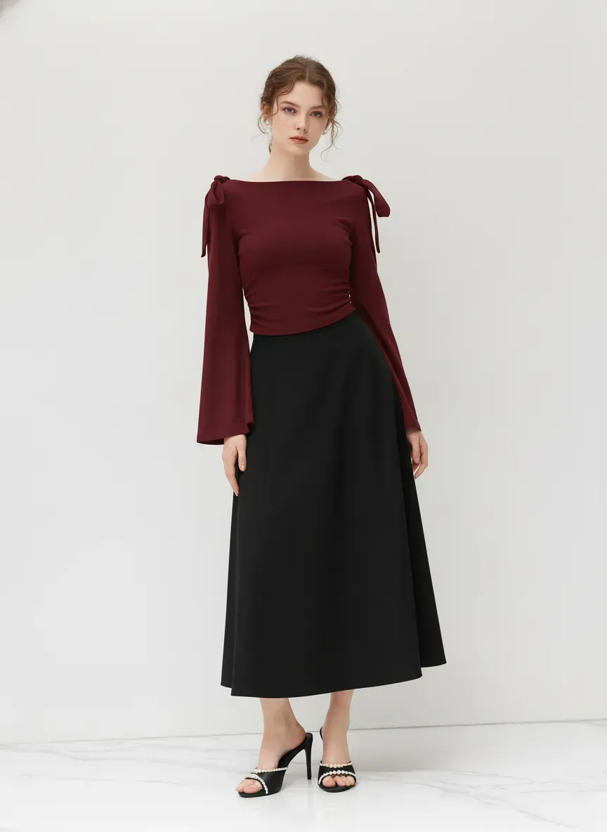 Boat Neck Gingham Bowknot Ruched Long Sleeve Top