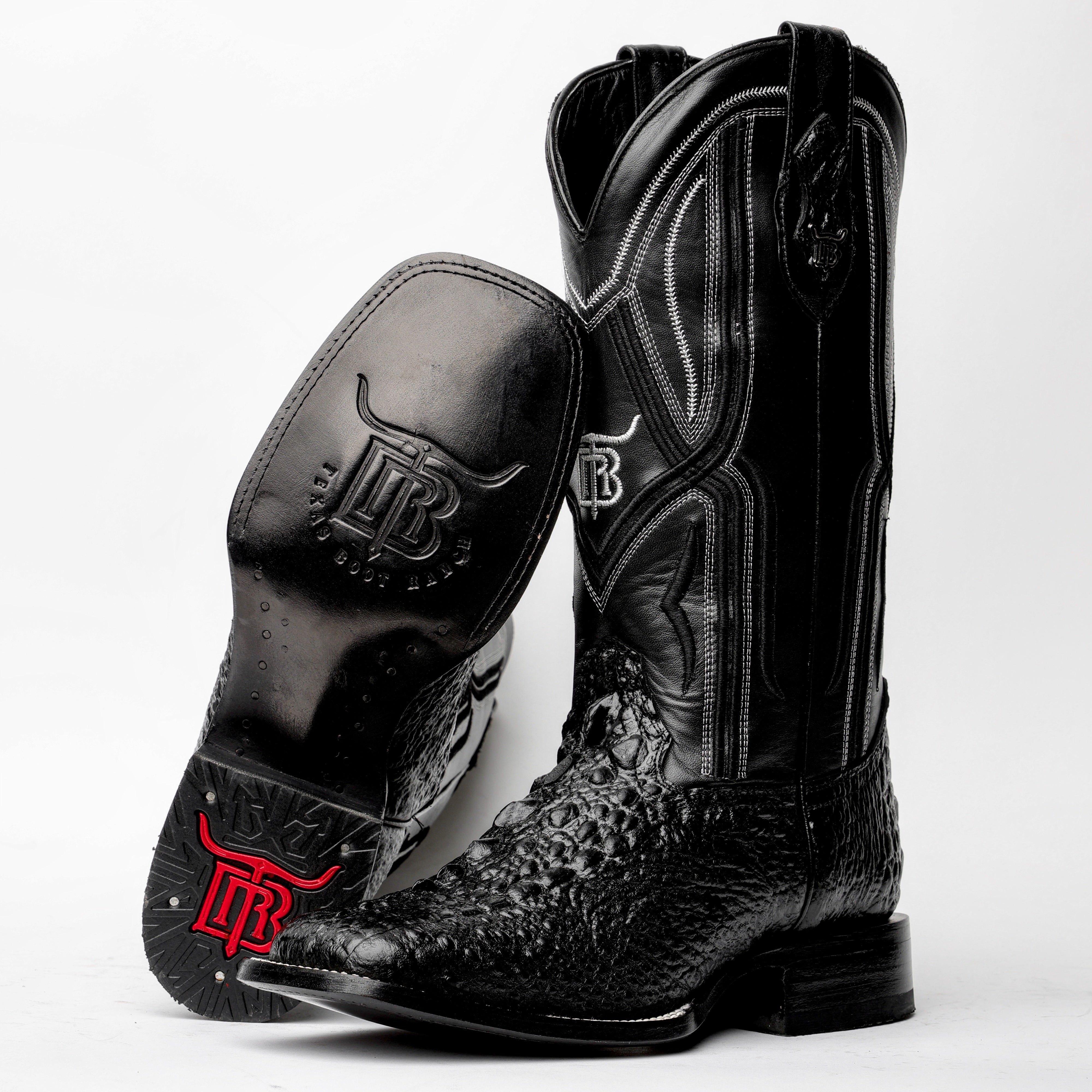 Black Snapping Turtle Leather Boots - Square Toe