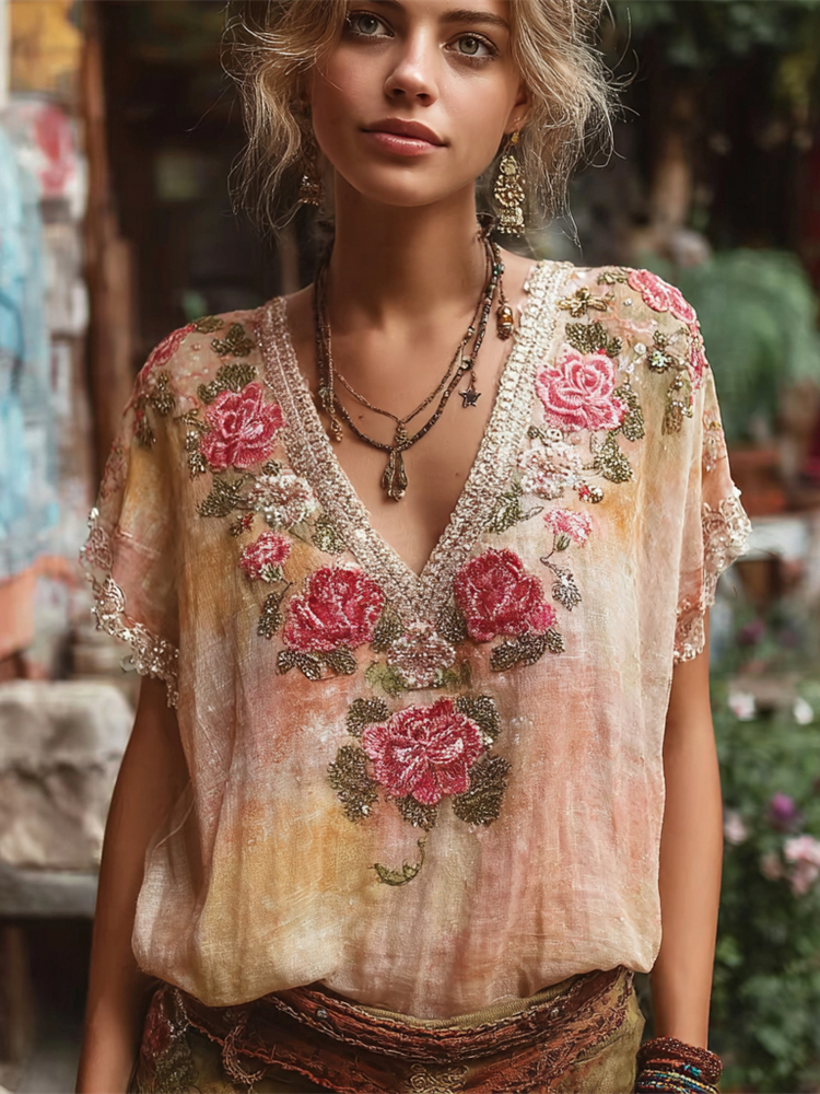 Boho Sunset Floral Embroidery Women's Linen V-neck Shirt