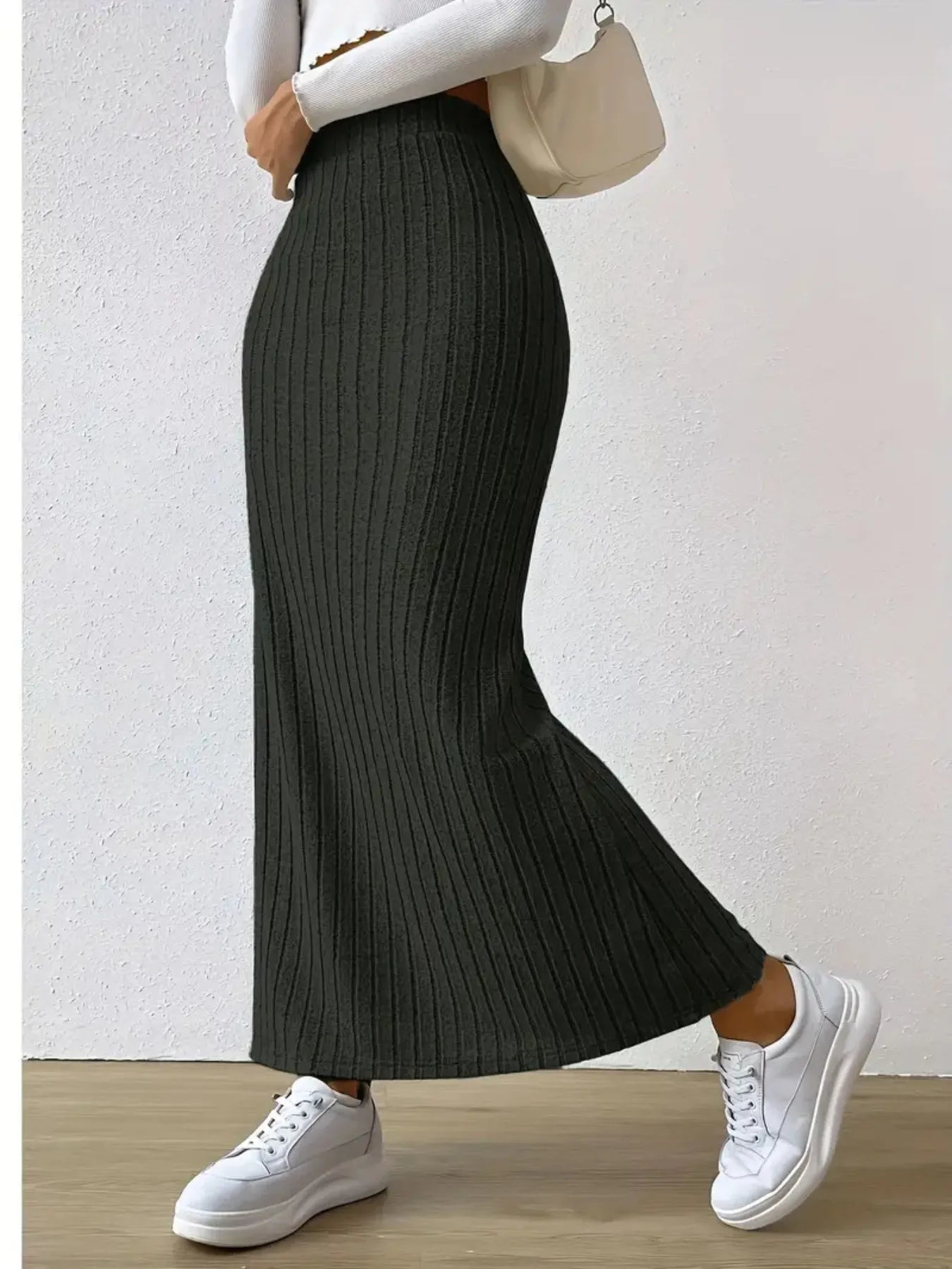 High Waist Ribbed Knit Maxi Skirt