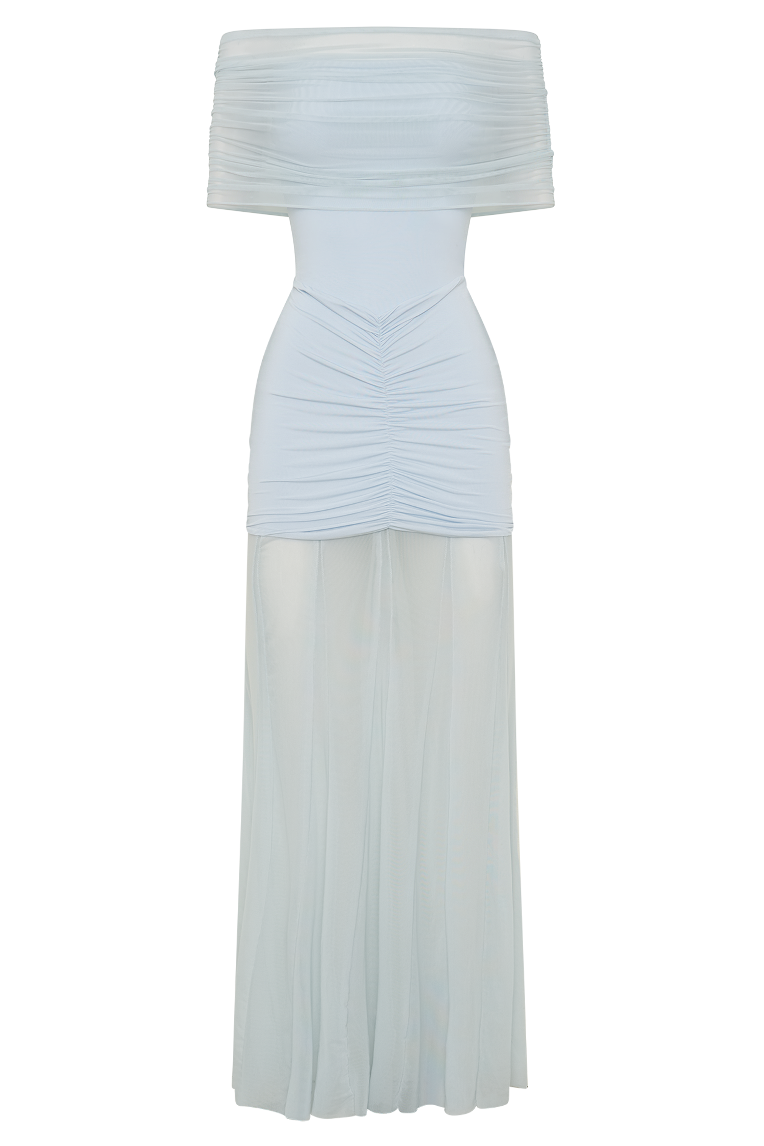 Blue Slinky And Mesh Off Shoulder Maxi Dress