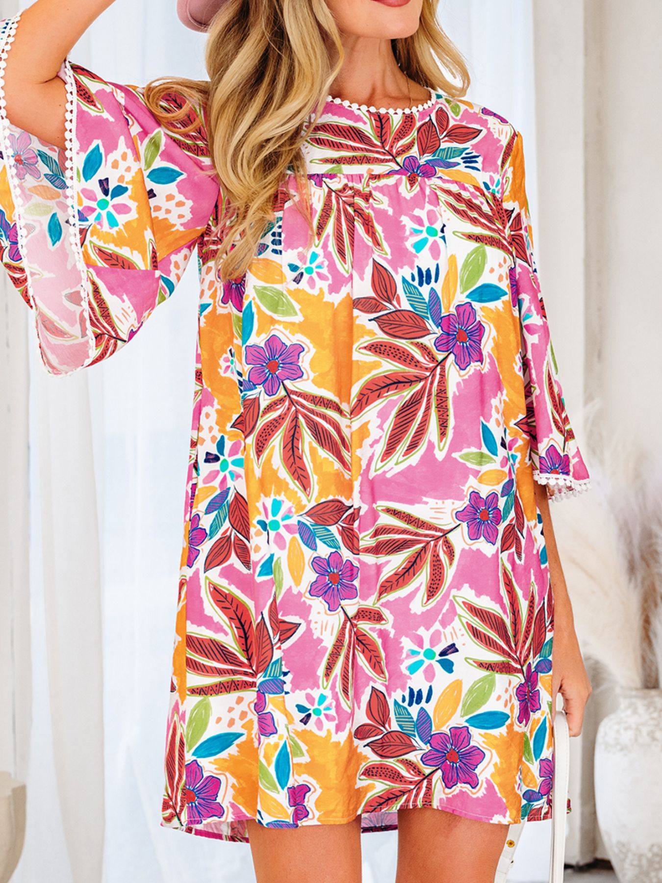 Floral Print Lace Trimmed Tie Back Bell Sleeve Swing Mini Dress