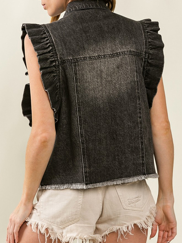 Buttoned Fringed Pockets Split-Joint Loose Ruffle Sleeves Lapel Vest Outerwear