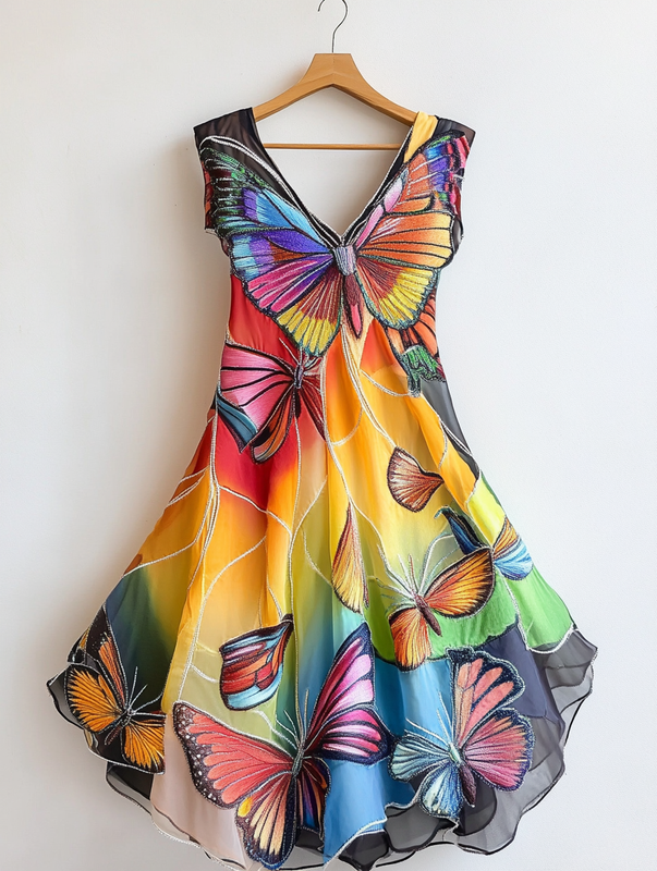 Summer Rainbow Butterfly Feather Embroidered Dress 4cae