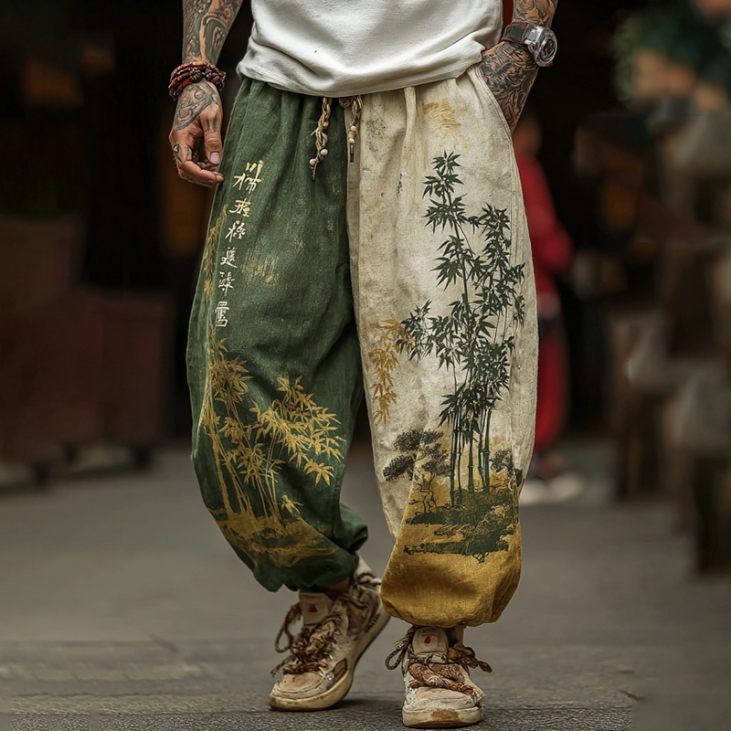 Men's Retro Japanese Bamboo Art Print Casual Pants