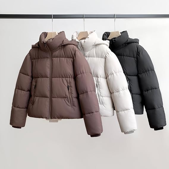 WarmCore Premium Short Puffer Jackets with Removable Hood & Optional Faux Fur Linging, Lady Casual Outerwear Longsleeves Zip Pockets Warm Quilted Coat