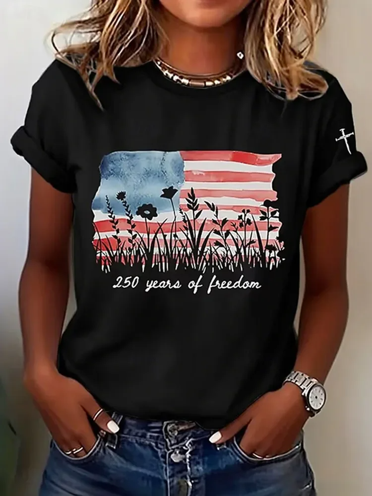 Casual Independence Day (Flag) Crew Neck Short Sleeve T-shirt