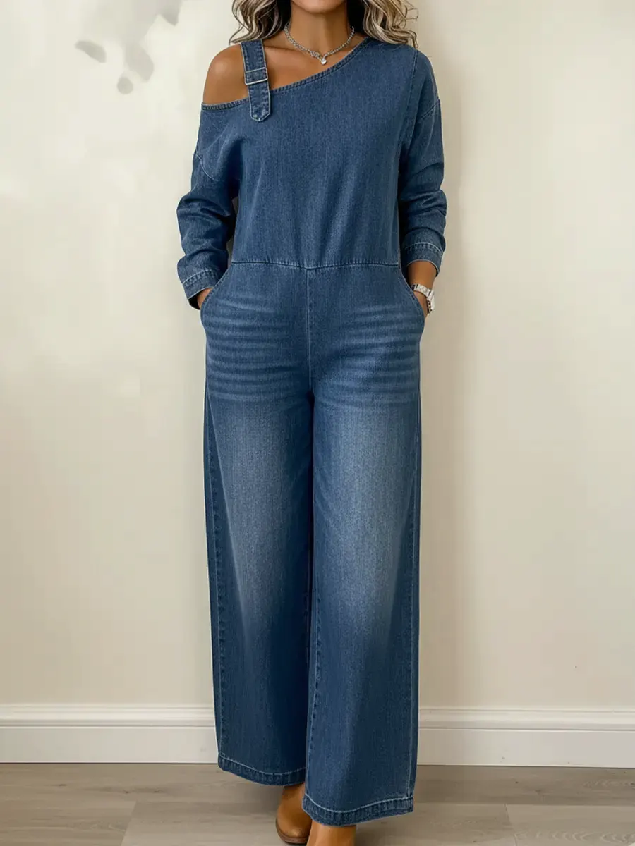 Women's Fashionable Off-the-shoulder Denim Jumpsuit