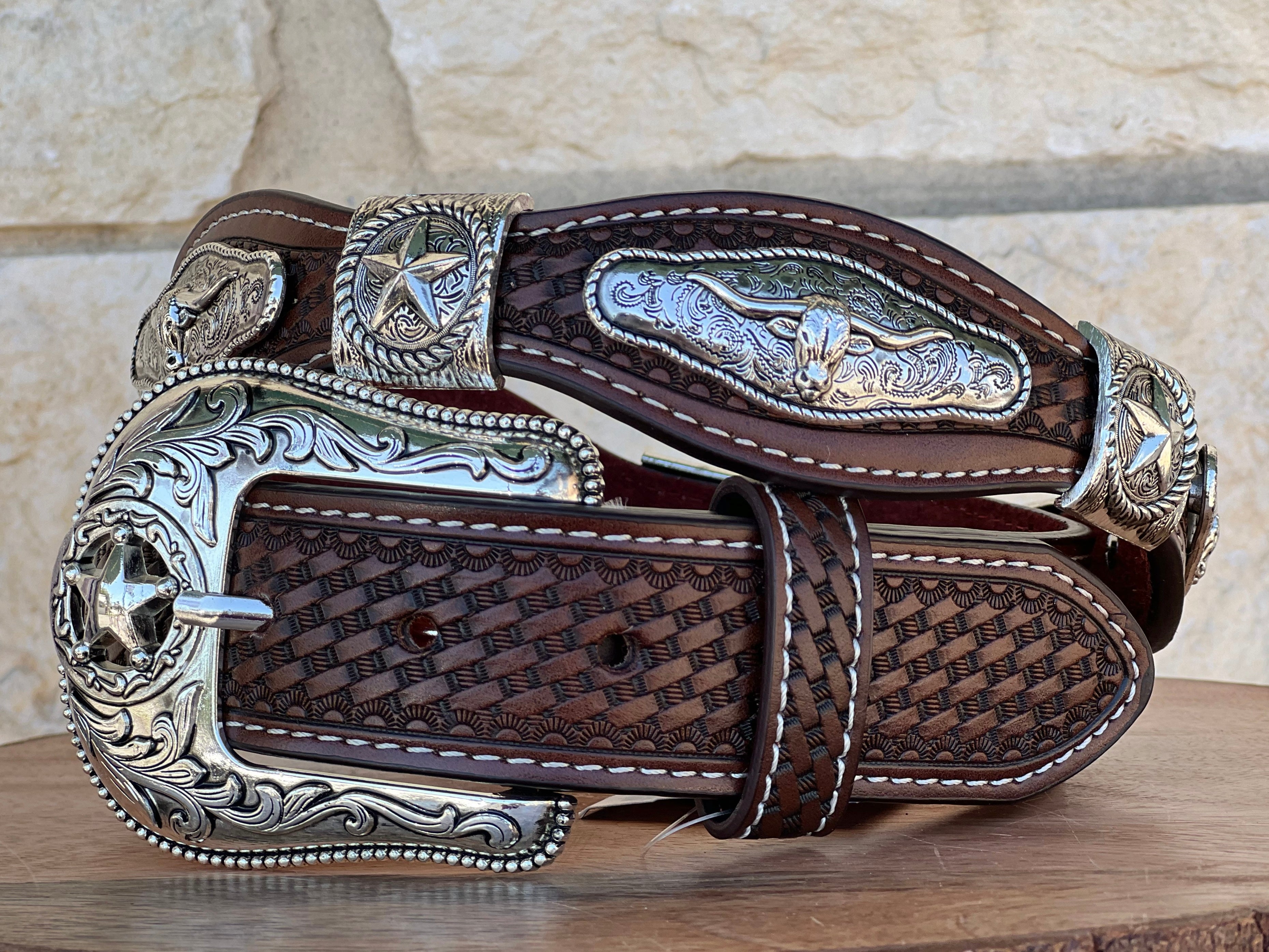Men’s Brown Leather Belt With Longhorn Concho