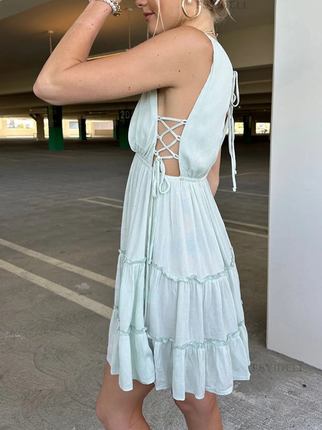 Deep V-Neck Tiered Mini Dress