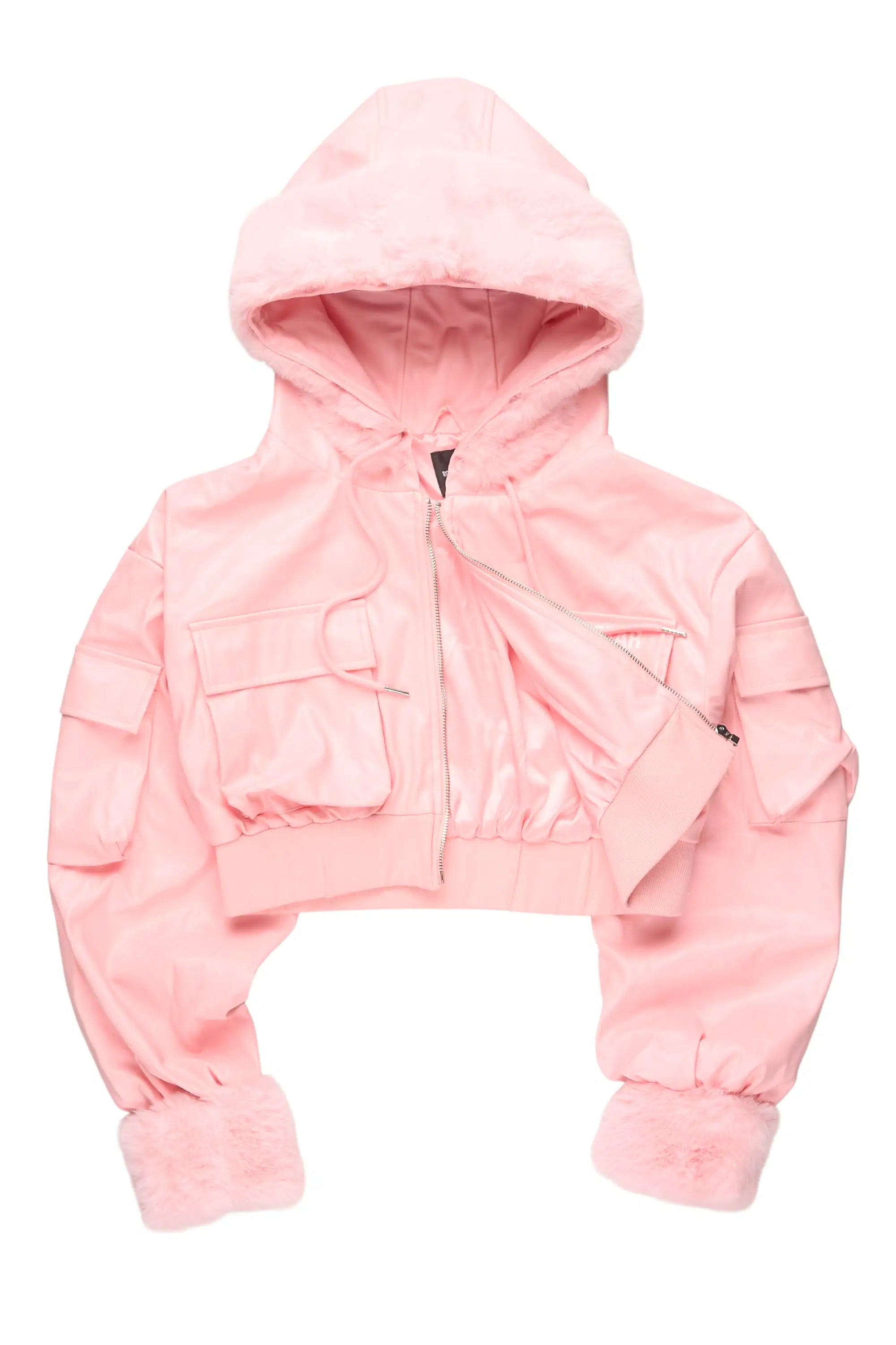 Amyia Pink PU Jacket With Fur Hood