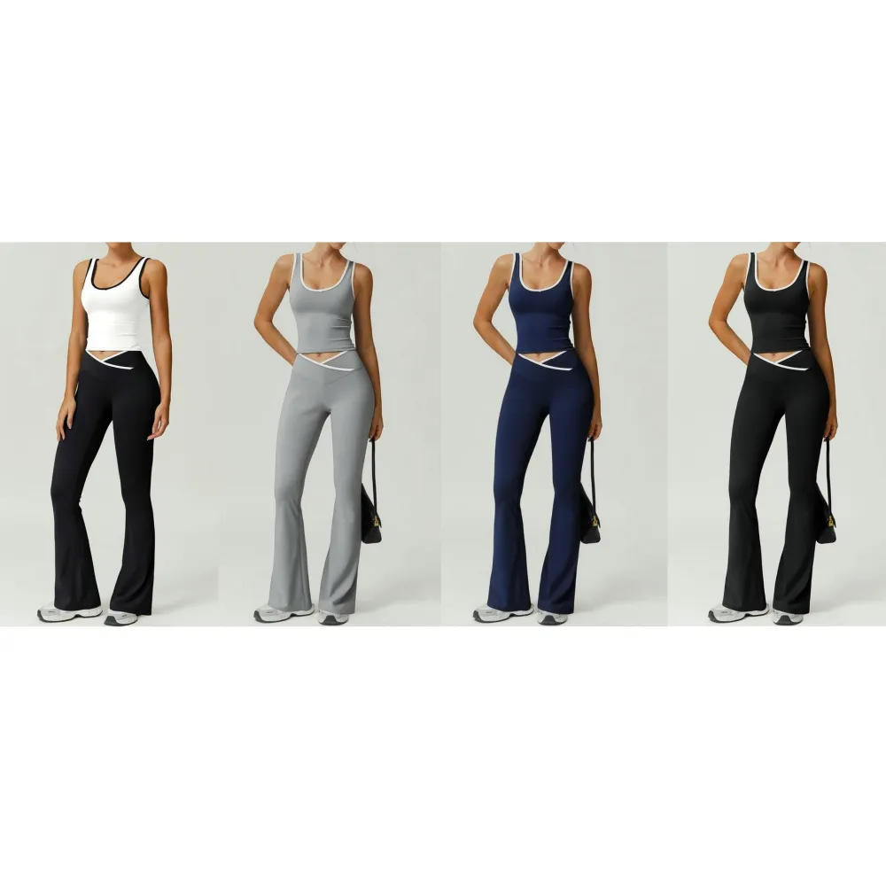 Womens Colorblock Tank Top & Flare Leg Pants Tracksuit Set
